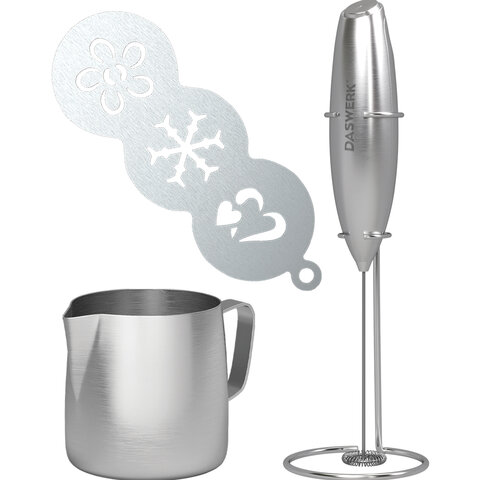 Капучинатор/вспениватель электрический с подставкой, питчером, трафаретами 4 в 1, серебряный, DASWERK (ДАСВЕРК), 456182