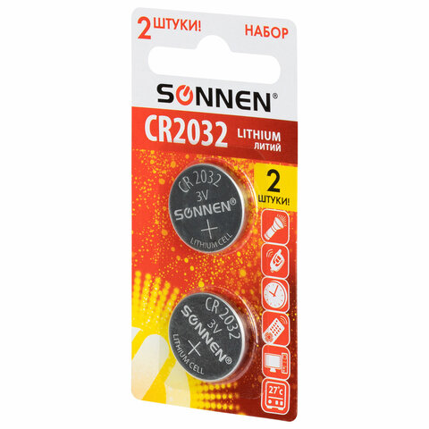 Батарейки литиевые SONNEN Lithium CR2032, "таблетки, дисковые, кнопочные", КОМПЛЕКТ 2 шт., блистер, 457141