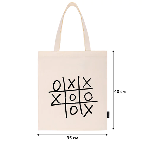 Сумка шоппер BRAUBERG PREMIUM, канвас, 40х35 см, на кнопке, карман, бежевый, "Tic-tac-toe", 271902