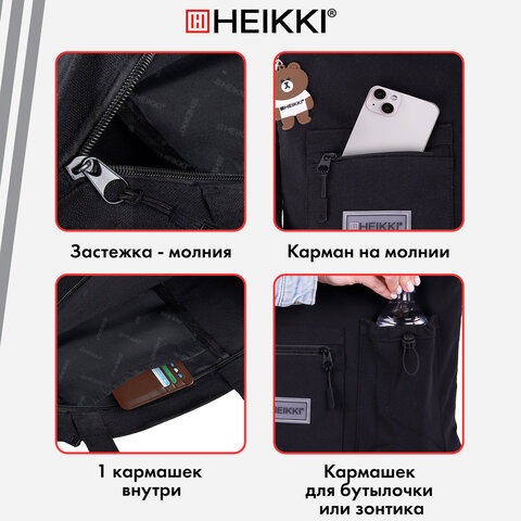 Сумка шоппер HEIKKI EQUIP (ХЕЙКИ), канвас, карман для бутылки, 38х35 см, черный, 272442