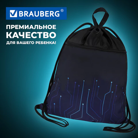 Мешок для обуви BRAUBERG БОЛЬШОЙ, с ручкой, карман на молнии, сетка для вентиляции, 49х41 см, "Electro", 271061