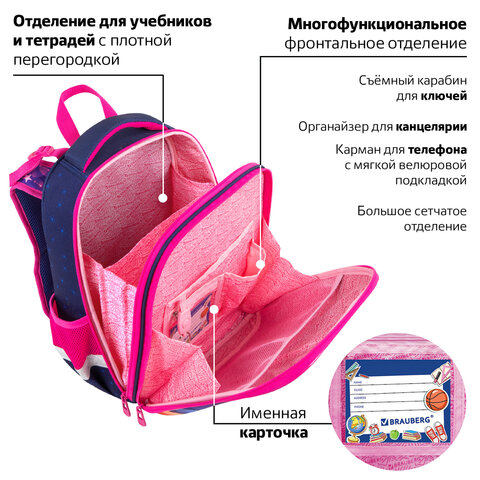 Ранец BRAUBERG PREMIUM, 2 отделения, с брелоком, "Cute fox", LED-ЛАМПОЧКИ, 38х29х16 см, 272019