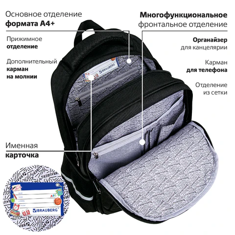 Рюкзак BRAUBERG SOFT, 2 отделения, 3 кармана, "Cool cat", СВЕТЯЩИЙСЯ, 40х31х15 см, 273118