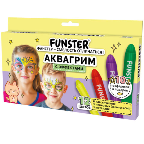 Аквагрим для лица и тела, 12 цветов (6 классических+3 неон+3 метал), 10 трафаретов, FUNSTER, 192575