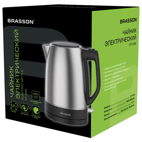 Чайник электрический BRASSON KT-040, 1,7л, 2200 Вт, индикатор уровня воды, сталь, черный, 455192