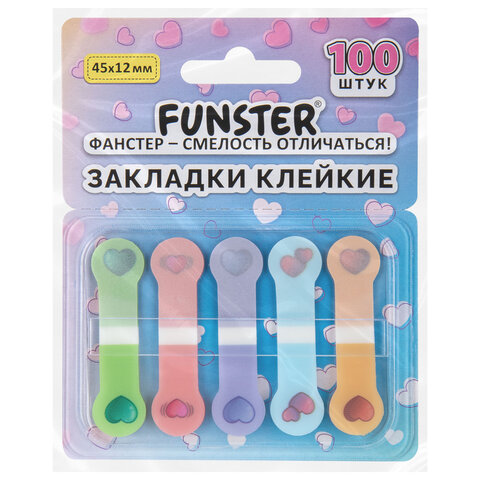 Закладки клейкие Z-сложения FUNSTER (ФАНСТЕР) "Сердечки", 45х12 мм, 100 шт. (5 цветов х 20 листов), в диспенсере, 116704
