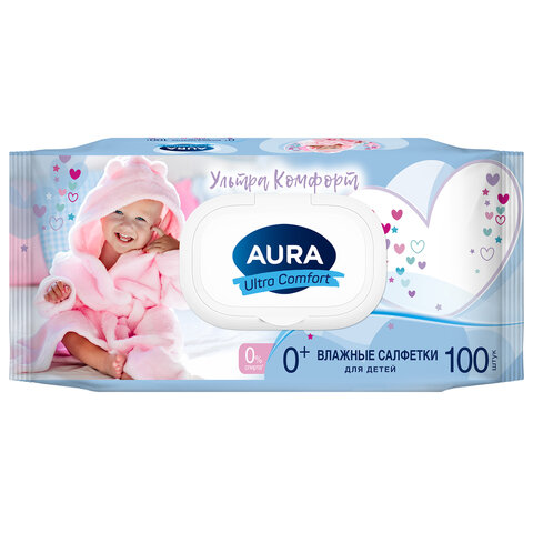 Салфетки влажные детские 100 шт., AURA Ultra Сomfort, гипоаллергенные, 0+, крышка клапан, 14588