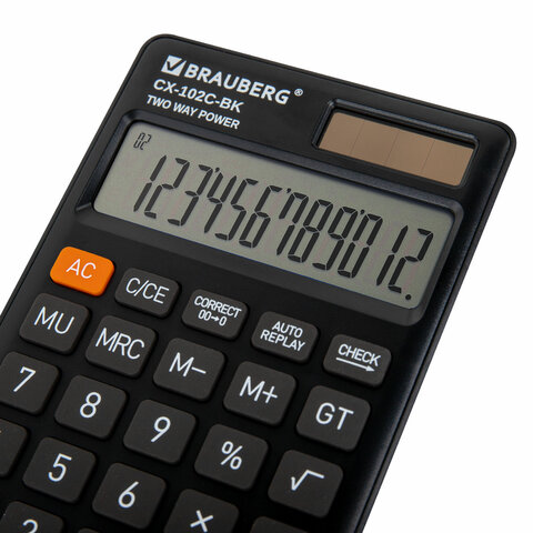 Калькулятор карманный BRAUBERG CX-102C-BK (76x126 мм), 12 разрядов, двойное питание, ЧЕРНЫЙ, 272647