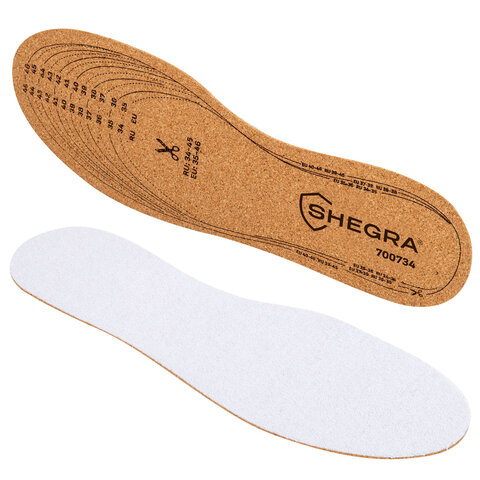 Стельки для обуви из НАТУРАЛЬНОЙ ПРОБКИ, УНИВЕРСАЛЬНЫЙ размер 34-45 / EU 35-46, с линиями выреза, SHEGRA (ШЕГРА), 700734