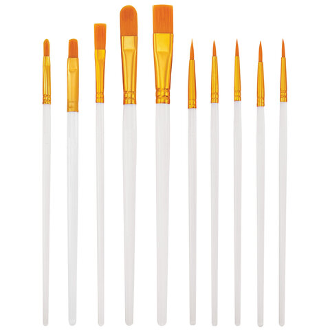 Кисти набор 10 шт., синтетика, белые, № 2/0-8 (Круглые; Овальные; Плоские; Лайнеры), WBZ (ВБЗ), 201087