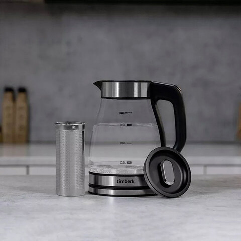 Чайник со съемным заварником TIMBERK T-EK27G02, 1,5 л, 1800 Вт, закрытый нагревательный элемент, стекло, стальной