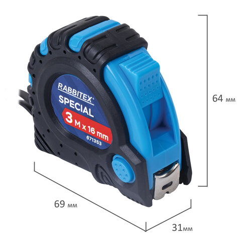 Рулетка измерительная 3 м х 16 мм, обрезиненный корпус, 3 фиксатора, RABBITEX (РАББИТЕКС) Special, 671353