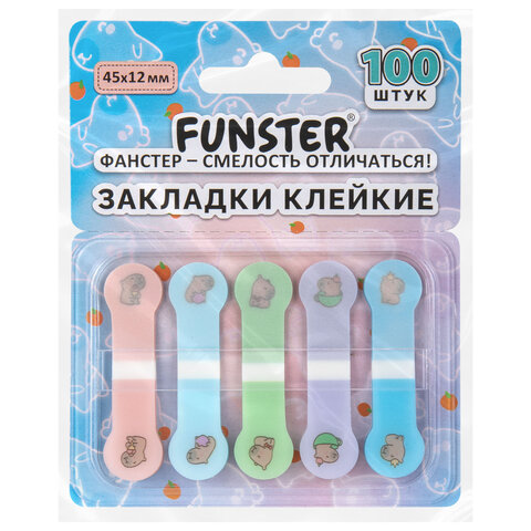 Закладки клейкие Z-сложения FUNSTER (ФАНСТЕР) "Капибары", 45х12 мм, 100 шт. (5 цветов х 20 листов), в диспенсере, 116694