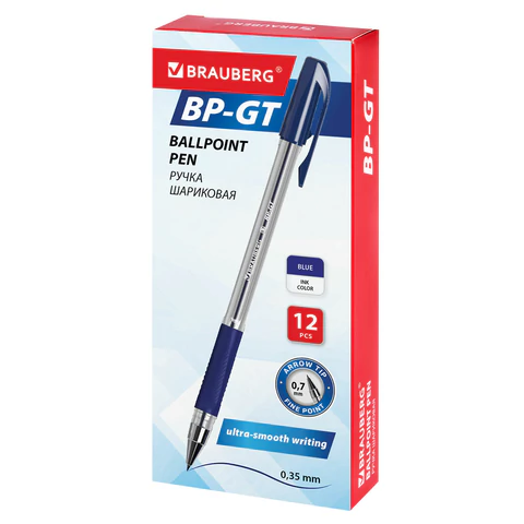 Ручка шариковая BRAUBERG "BP-GT", СИНЯЯ, корпус прозрачный, евронаконечник 0,7 мм, линия письма 0,35 мм, 144004