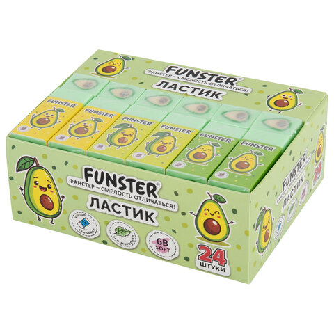 Ластик FUNSTER (ФАНСТЕР) "AVOCADO", 50х21х16 мм, прямоугольный, картонный держатель, экологичный ПВХ, ассорти, 272723