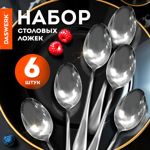 Ложки столовые STANDARD КОМПЛЕКТ 6 шт., полированная нержавеющая сталь, серебристые, ПАКЕТ, DASWERK (ДАСВЕРК), 881143