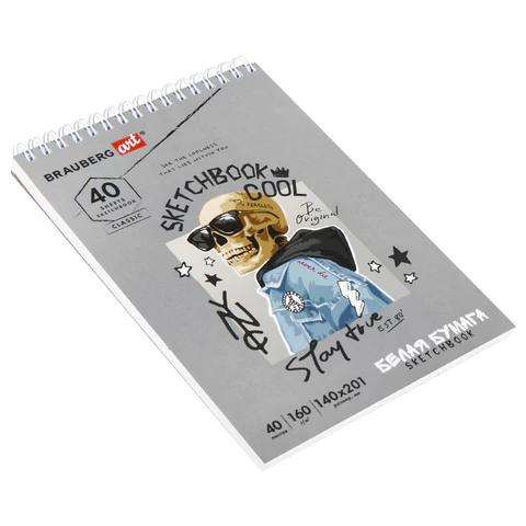 Скетчбук, белая бумага 160 г/м2, 140х201 мм, 40 л., гребень, жесткая подложка, BRAUBERG ART CLASSIC, ассорти, 115071