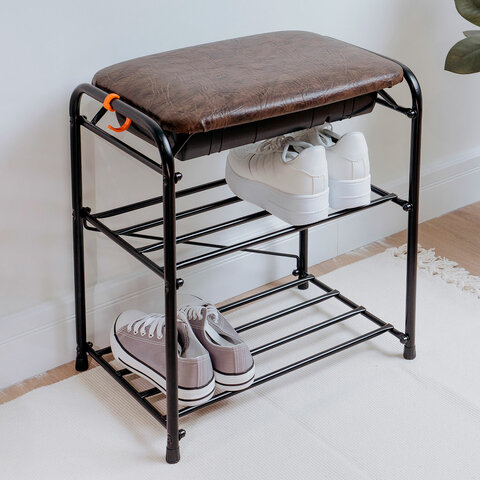 Банкетка для обуви "Альфа-13СЯ", 450х300х480 мм, 2 полки, ящик, металл/кожзам, черный/коричневый, ПДОА13СЯ Ч