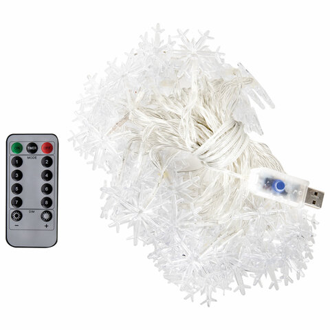 Электрогирлянда-нить комнатная 10 м, 80 LED, с насадками, вид: "Снежинки", тёплый белый, USB, ЗОЛОТАЯ СКАЗКА, 592204