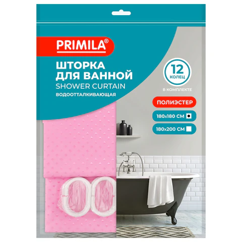 Шторка для ванной ПОЛИЭСТЕР, 180х180 см, кольца в комплекте, РОЗОВЫЙ БРИЛЛИАНТ, PRIMILA (ПРИМИЛА), 700092