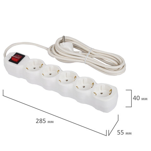 Сетевой фильтр СУ10-005 5 розеток, с заземлением, выключатель, 10 А, 5 м, белый, 7040