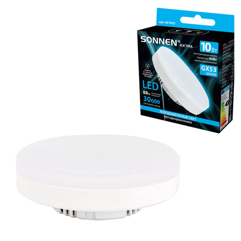 Лампа светодиодная SONNEN EXTRA, 10 (90) Вт, GX53, таблетка, холодный белый, 30000 ч, LED 10W-6500-GX53, 457932