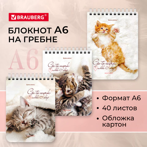 Блокнот МАЛЫЙ ФОРМАТ А6, 108х145 мм, 40 л., гребень, картон, клетка, BRAUBERG, "Милые котята", 114391