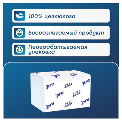 Салфетки 200 шт. PROtissue (Система N4) PREMIUM, 2-слойные, КОМПЛЕКТ 20 шт., 21х16 см, V-сложение, белые, C251, С251