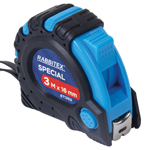 Рулетка измерительная 3 м х 16 мм, обрезиненный корпус, 3 фиксатора, RABBITEX (РАББИТЕКС) Special, 671353