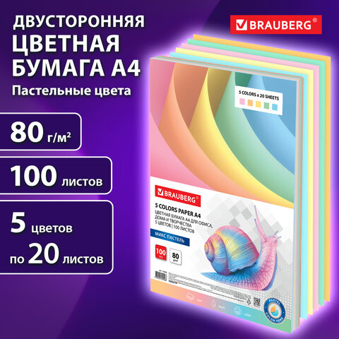 Бумага цветная BRAUBERG, А4, 80 г/м2, 100 л. (5 цветов х 20 листов), пастель, для офисной техники, 112460