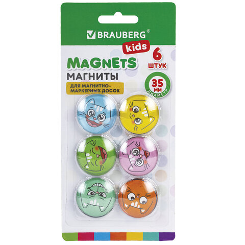 Магниты стеклянные 35 мм для досок магнитно-маркерных, НАБОР 6 шт., "3D Коты", BRAUBERG KIDS, круглые, блистер, 272516