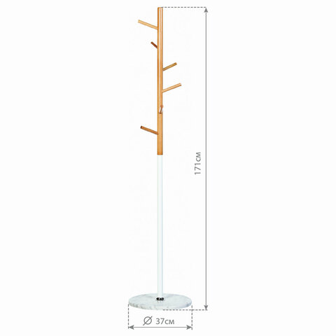 Вешалка-стойка BRABIX "CR-1906" на мраморном диске, металл белый/дерево бук, 6 крючков, 606440