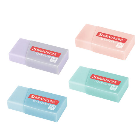 Ластик BRAUBERG "PASTEL MATTE", 50х24х10 мм, прямоугольный, картонный держатель, экологичный ПВХ, ассорти, 272729