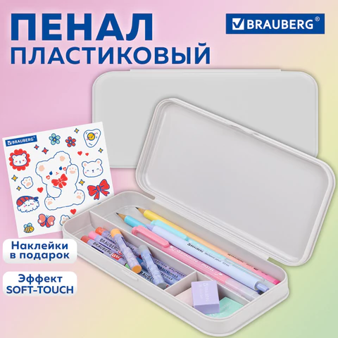 Пенал пластиковый BRAUBERG, серый, С НАКЛЕЙКАМИ, 21х9х3 см, 272273