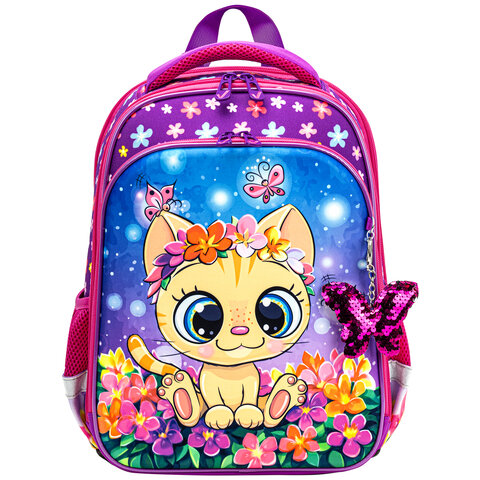 Ранец BRAUBERG QUADRO, 3 отделения, с брелком, "Charming kitten", 37х28х18 см, 270602