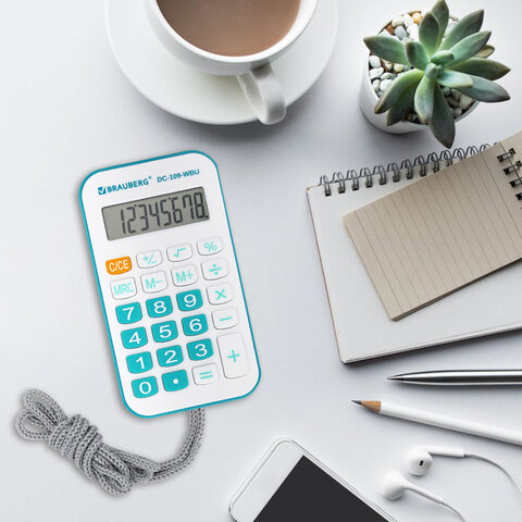 Калькулятор карманный со шнурком BRAUBERG DC-109-WBU (61x110 мм), 8 разрядов, БЕЛЫЙ/ГОЛУБОЙ, 272645