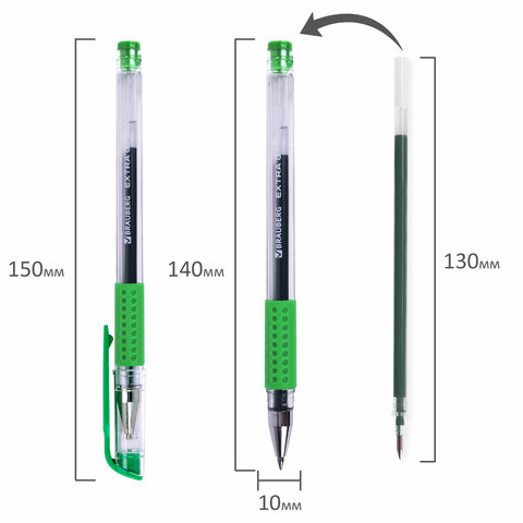 Ручка гелевая с грипом BRAUBERG "EXTRA GT", ЗЕЛЕНАЯ, стандартный узел 0,5 мм, линия 0,35 мм, 143922