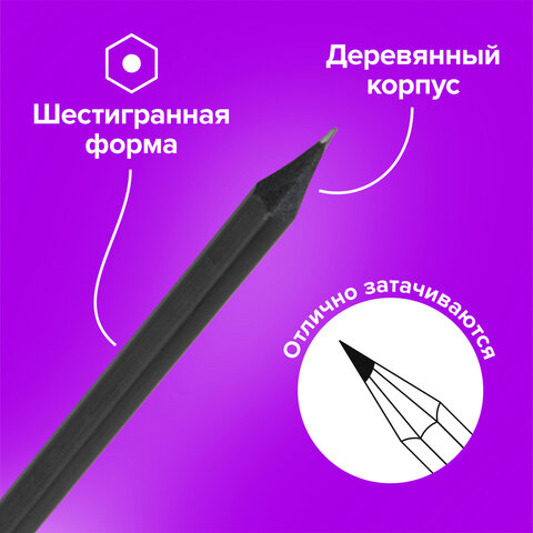 Карандаши чернографитные BRAUBERG НАБОР 12 шт., "Black Jack", 2Н-4В, без резинки, черные, дерево, заточенные, 180620