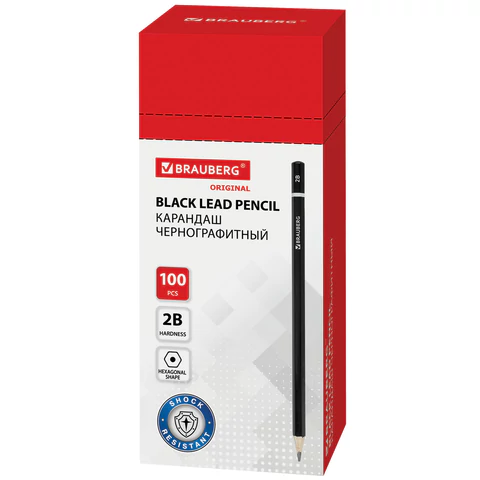 Карандаш чернографитный BRAUBERG, 1 шт., "Touch line", 2В, корпус черный, заточенный, 180623