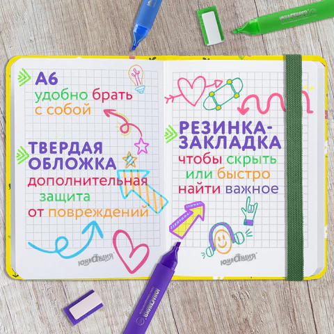 Блокнот с резинкой в клетку 96 л., МАЛЫЙ ФОРМАТ А6 (109х148 мм), твердая обложка, ЮНЛАНДИЯ, "Авокадо", 113745