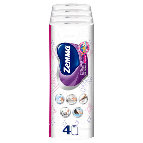 Полотенца бумажные впитывающие 2-слойные, 4 рулона (4х13,5 м), ZEMMA/ZEWA Premium Декор, 1441241