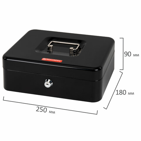 Ящик для денег, ценностей, документов, печатей, 90х180х250 мм, ключевой замок, черный, BRAUBERG, 291349