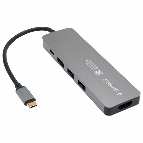 Док-станция GEMBIRD Type-C 5 в 1: 3хUSB3.1, PD100W, HDMI, кабель 17 см, алюминий, UHB-D1