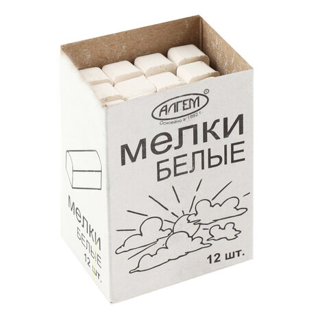 Мел белый квадратный 12 штук, АЛГЕМ, картонная упаковка, НМБ-12