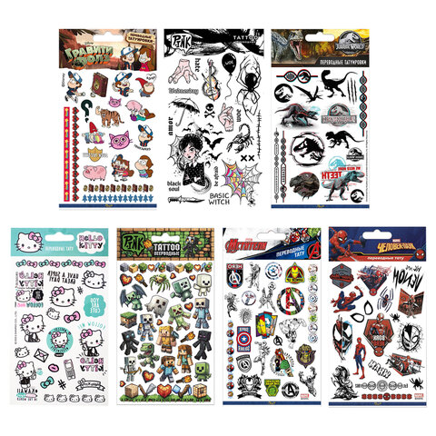 Наклейки-тату переводные АССОРТИ, ЦВЕТНЫЕ, 11х20 см, PY