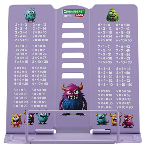Подставка для книг и учебников BRAUBERG KIDS mini "Monsters" с таблицей умножения, регулируемый угол наклона, металлическая, 238976