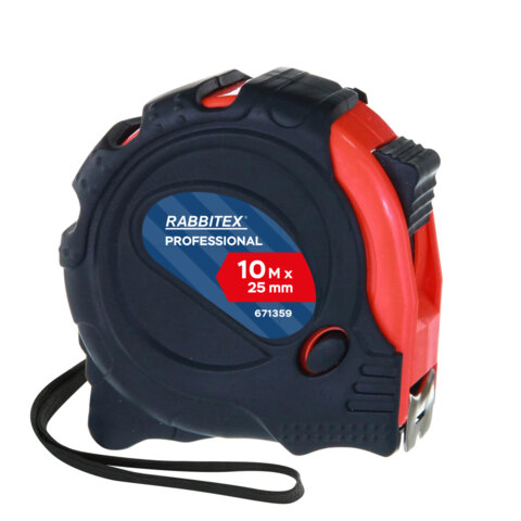 Рулетка измерительная 10 м х 25 мм, обрезиненный корпус, 3 фиксатора, RABBITEX (РАББИТЕКС) Professional, 671359