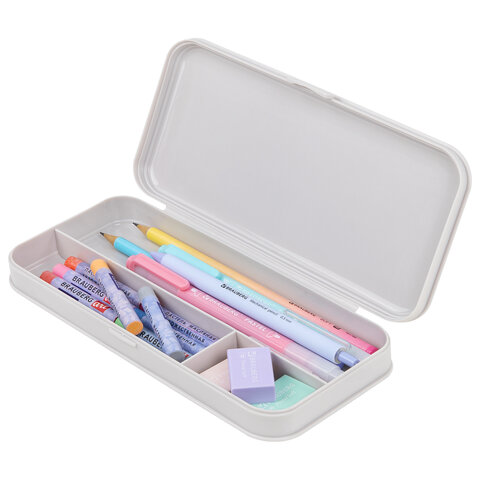 Пенал пластиковый BRAUBERG, серый, С НАКЛЕЙКАМИ, 21х9х3 см, 272273