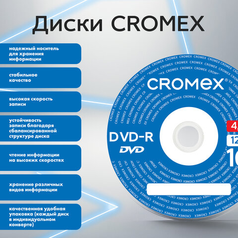 Диски DVD-R в конверте КОМПЛЕКТ 50 шт., 4,7 Gb, 16x, CROMEX (КРОМЕКС), 513798