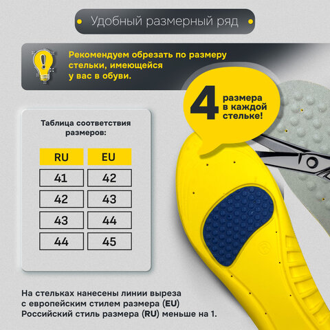 Стельки для обуви с ПЯТОЧНЫМ АМОРТИЗАТОРОМ, материал PU PRO, размер RU 41-44 / EU 42-45, с линиями выреза, SHEGRA (ШЕГРА), 700770